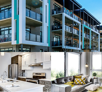 Exterior view of an apartment, a furnished kitchen, and a living room with tall windows and a couch.